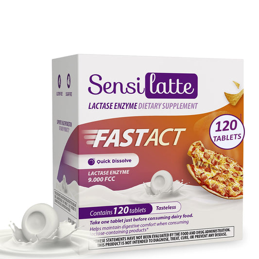 Sensilatte lactase enzyme tablets dissolving in mouth for quick lactose relief