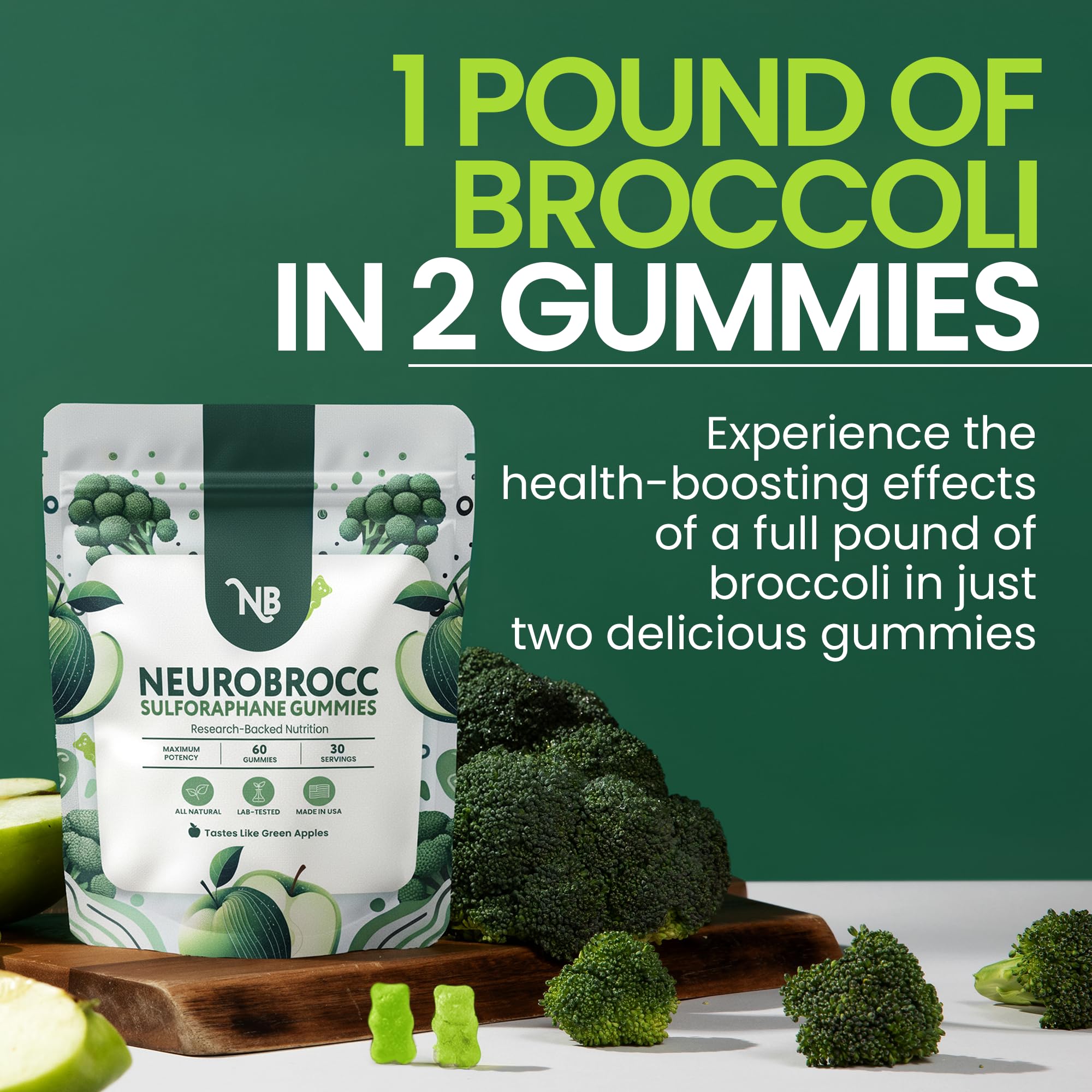 NeuroBrocc gummies close-up highlighting green apple flavor