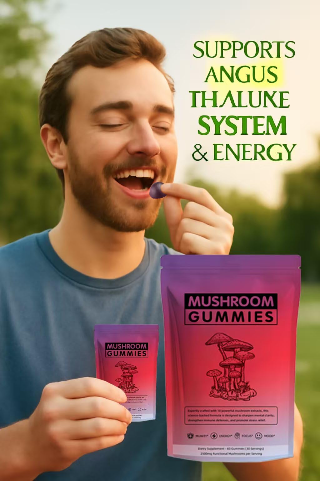 Seodon immune support energy gummy closeup suggests daytime use.