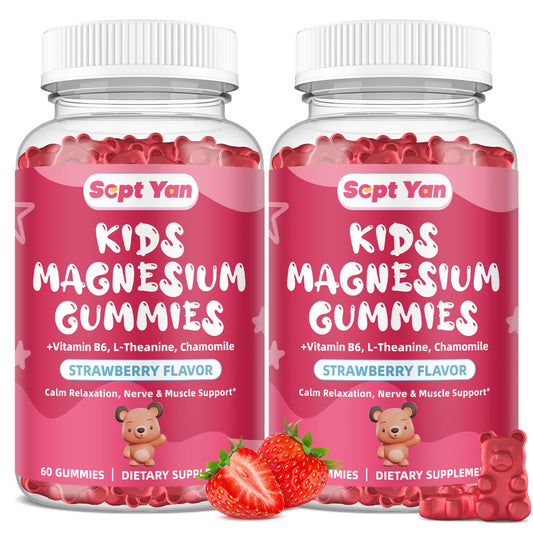 SEPT YAN Magnesium Gummies bottle front showing kid-friendly strawberry flavor for calm evenings