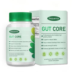 Sequente GutCore bloat-relief capsules on bottle, offering gentle daily gut support.