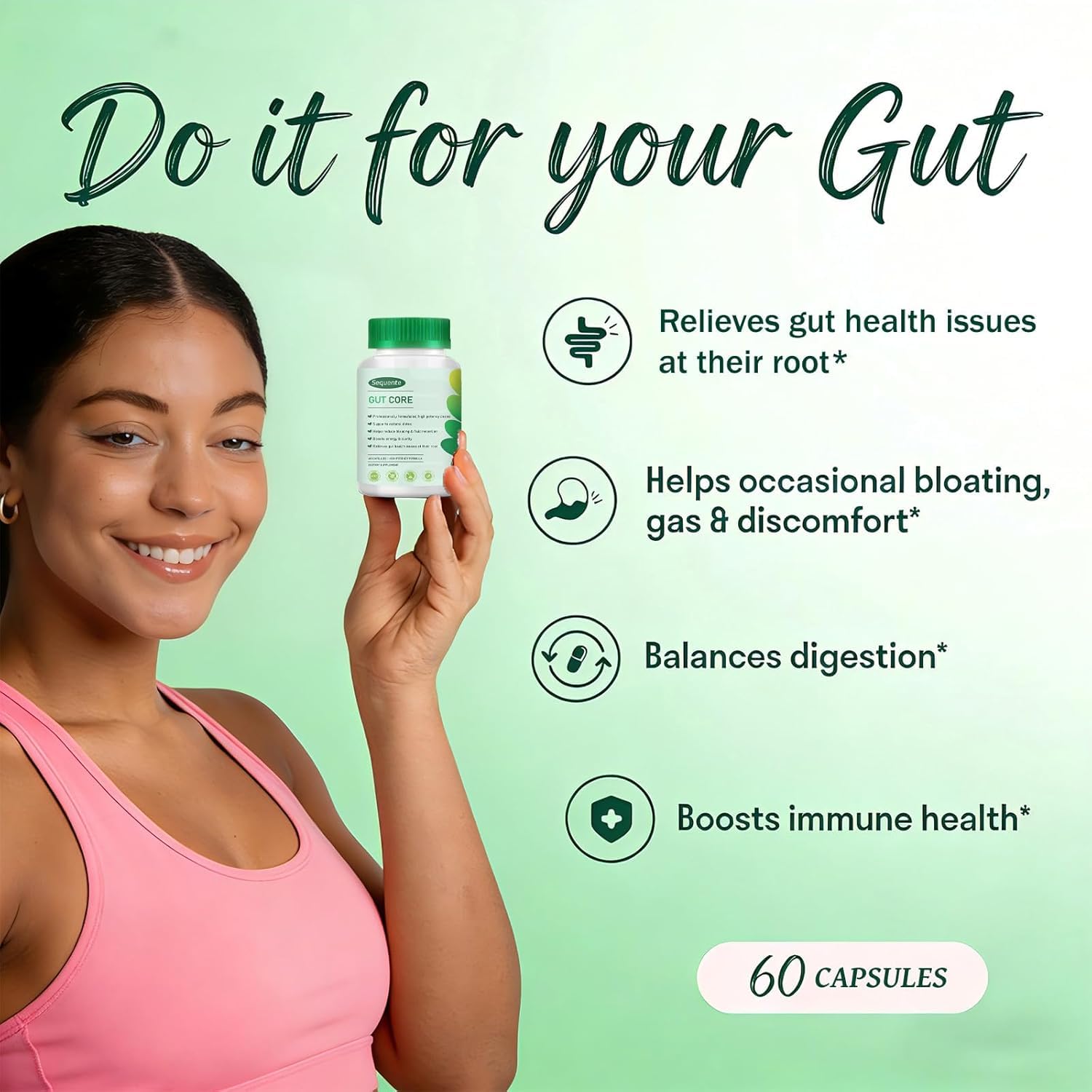 Close-up of Sequente GutCore bottle and label highlighting vegan, non-GMO formulation.