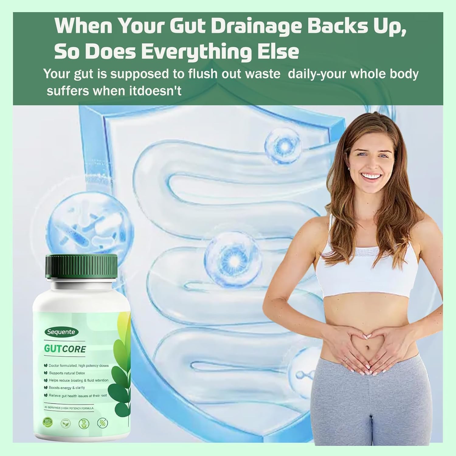 Sequente GutCore ingredients blend visual with Inulin, Fennel, Ginger, Slippery Elm Bark.