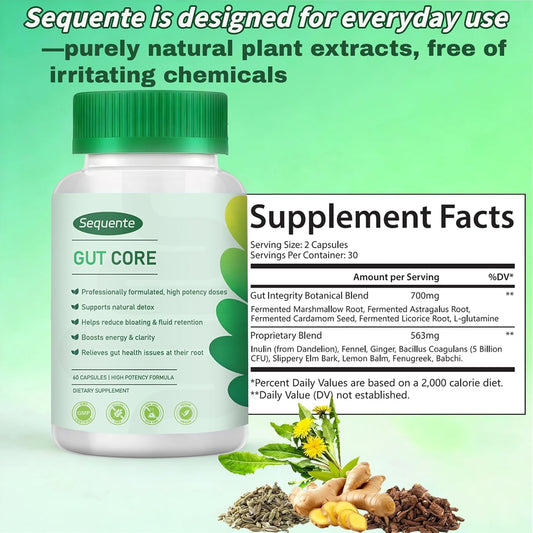 Sequente GutCore ingredient blend with Inulin, Fennel, Ginger, Slippery Elm Bark.