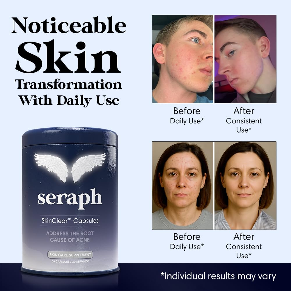Seraph acne supplement bottle back label, detailing clean ingredients.