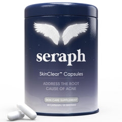 Seraph acne supplement bottle front view, daily skin support for hormonal balance.