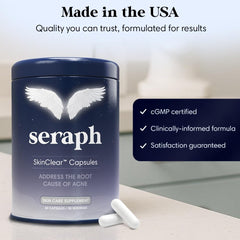 Seraph acne supplement capsules on white background, easy daily intake.