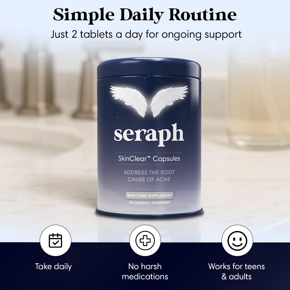 Seraph acne supplement daily routine setup with water, supporting consistent use.