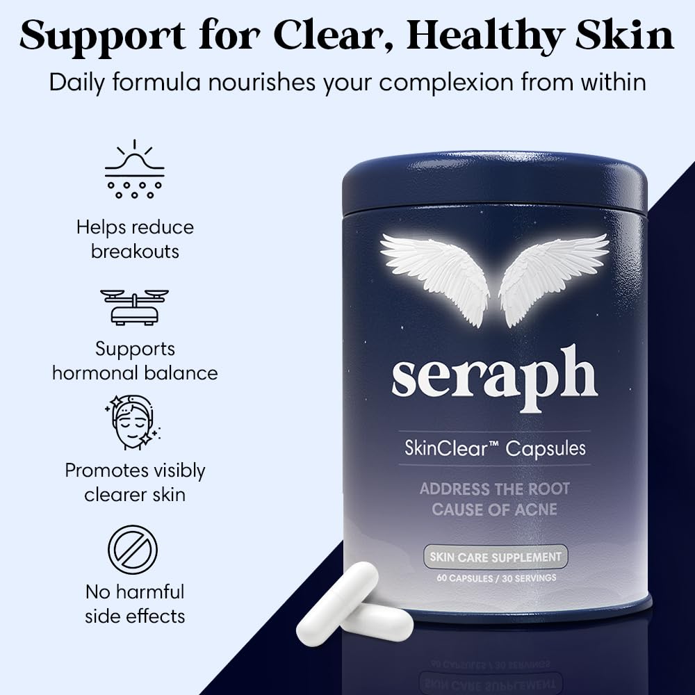 Seraph acne supplement packaging box on white background.