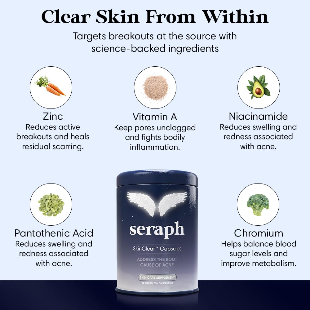 Seraph acne supplement tablets close-up, small capsules designed for daily use.