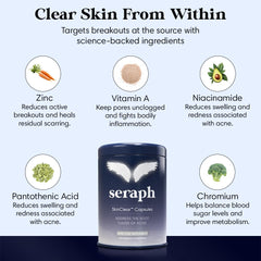 Seraph acne supplement tablets close-up, small capsules designed for daily use.