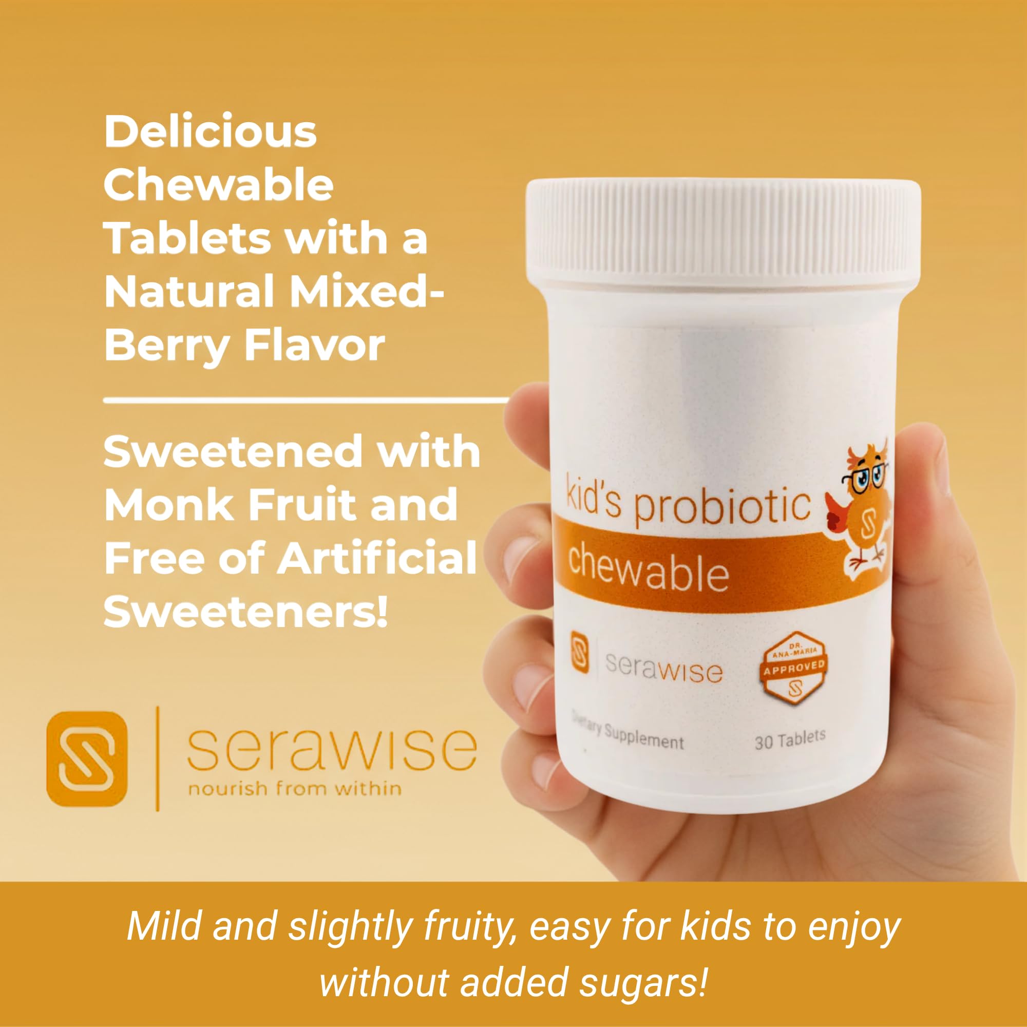 Serawise Kids Probiotic 11 strains seal reflects broad formula options.