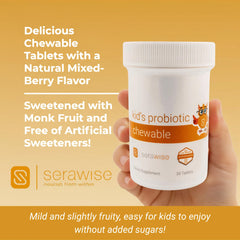 Serawise Kids Probiotic 11 strains seal reflects broad formula options.