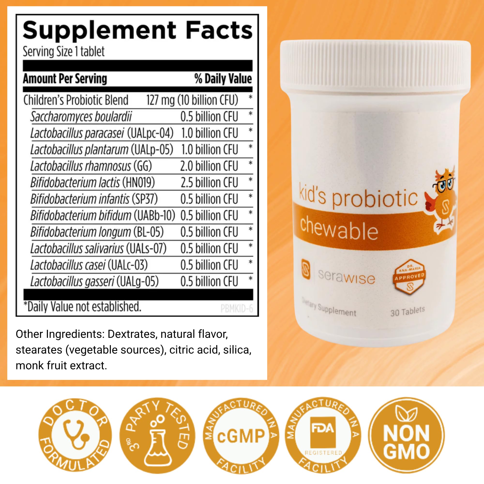 Serawise Kids Probiotic berry-flavored chewables close-up, tasty for regular dosing.