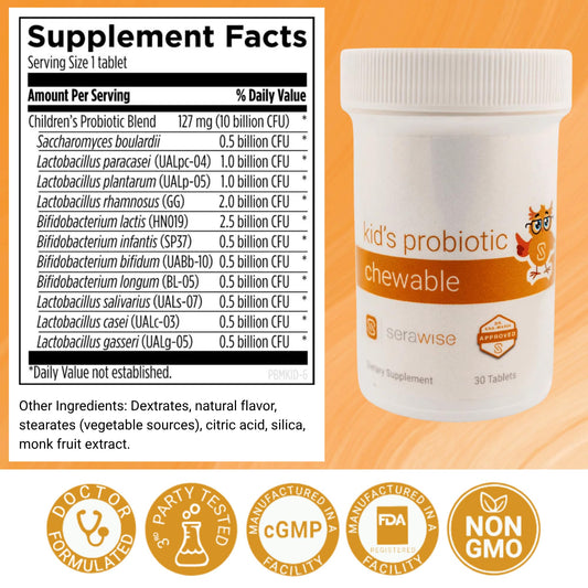 Serawise Kids Probiotic berry-flavored chewables close-up, tasty for regular dosing.