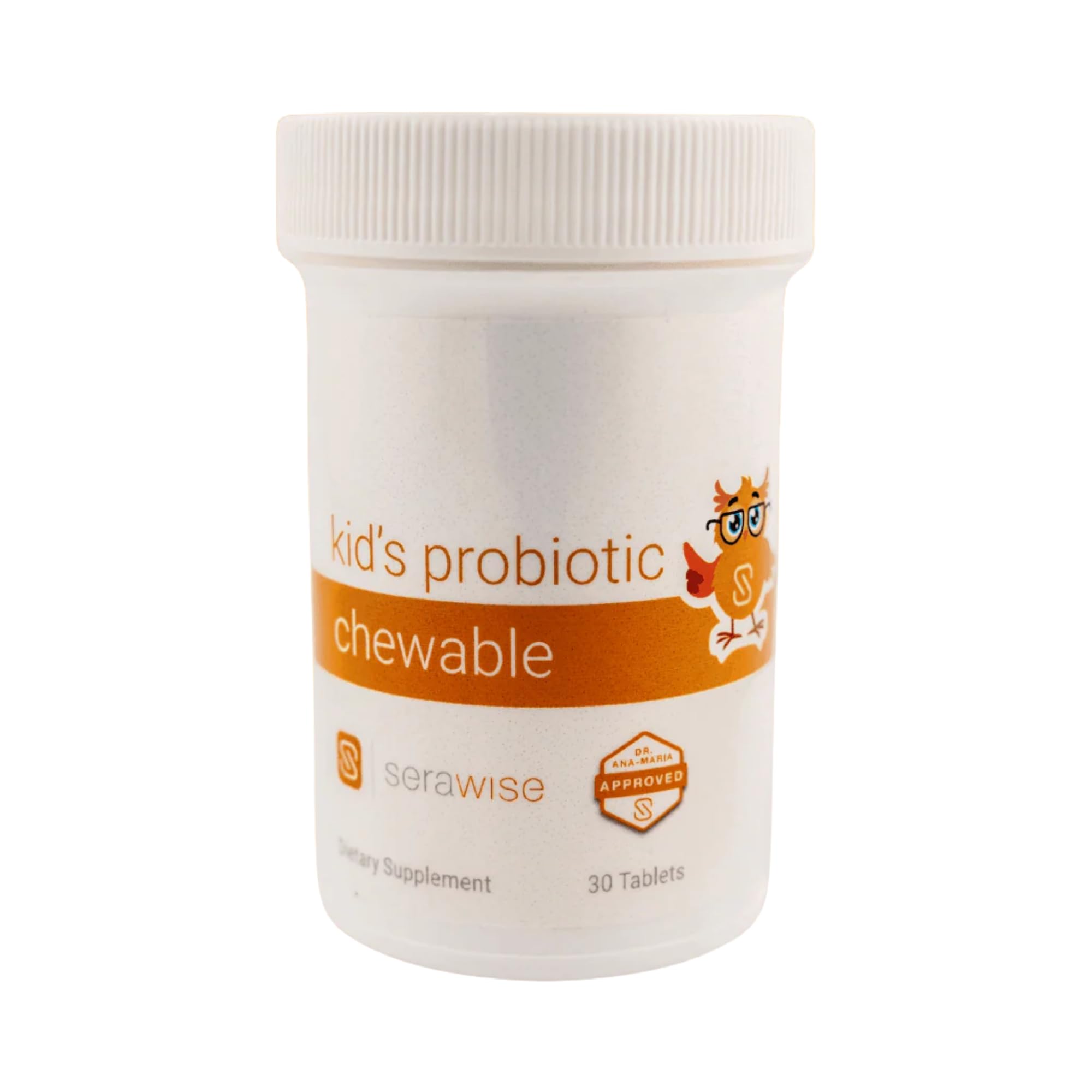 Serawise Kids Probiotic chewable bottle on table supports easy daily use.