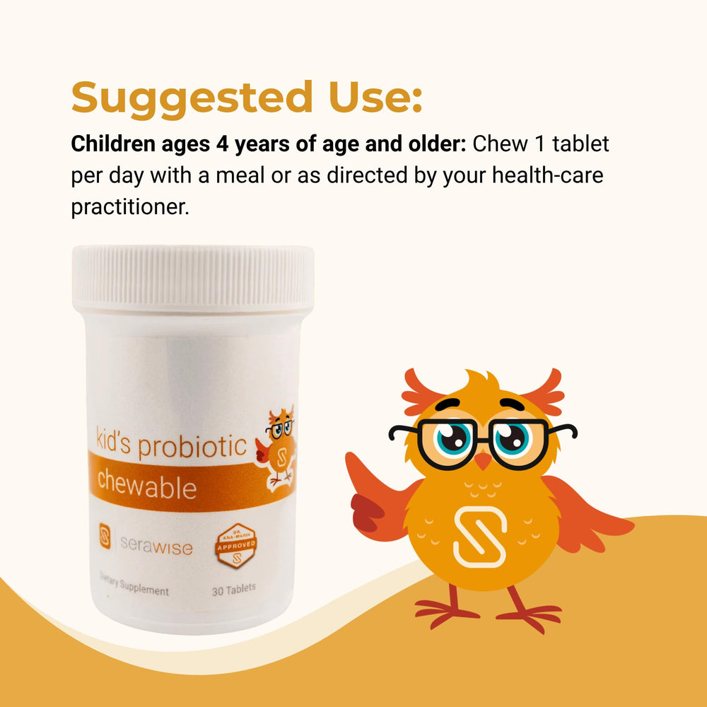 Serawise Kids Probiotic packaging shows 30 tablets for a month.