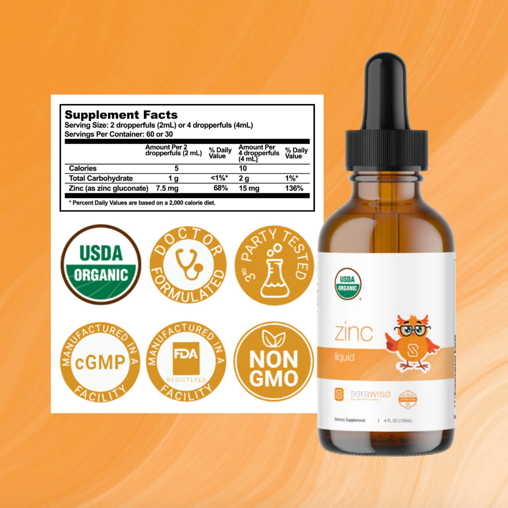 Serawise Organic Liquid Zinc label closeup, highlighting purity and USDA Organic status.