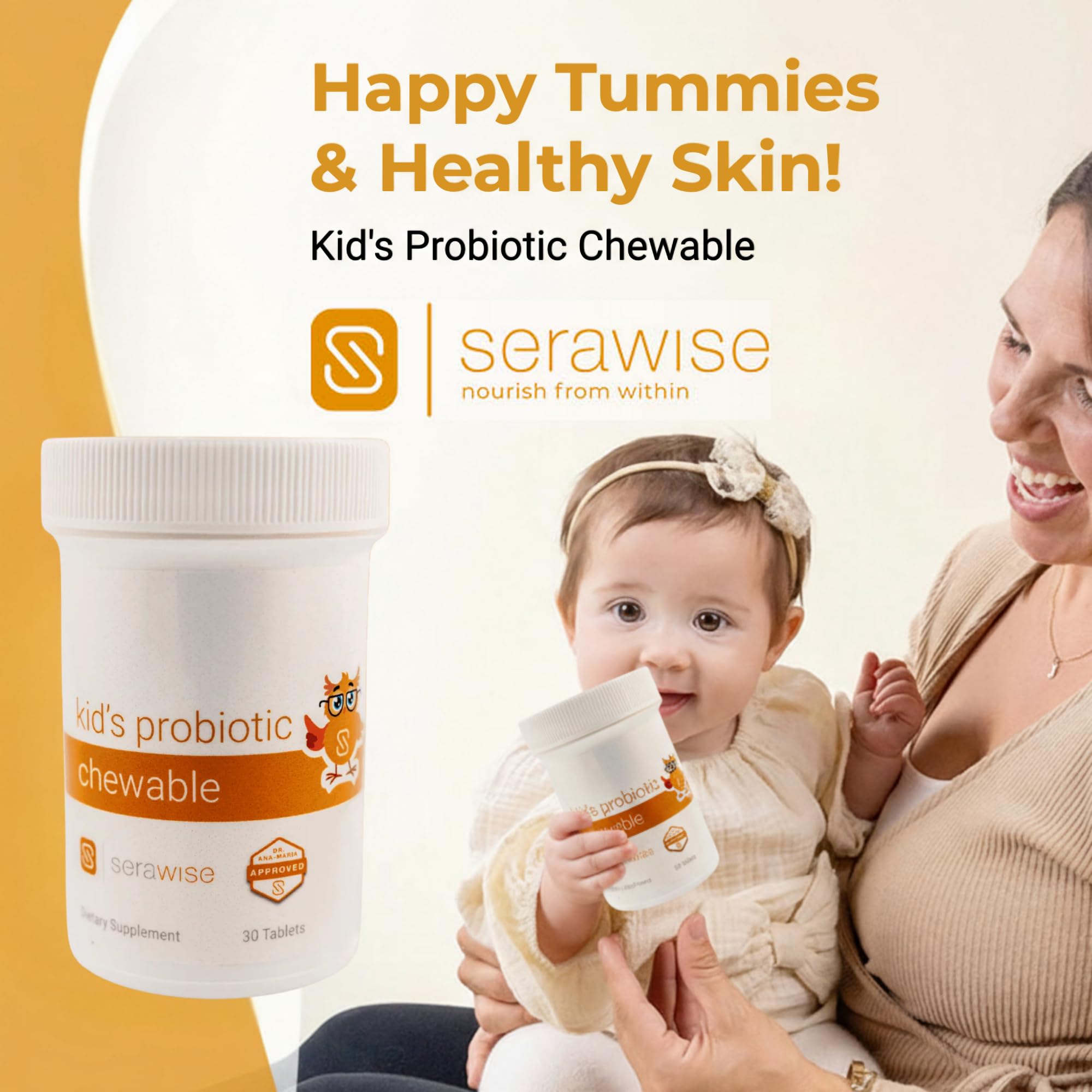Serawise probiotic bottle label highlights 11 strains for diverse gut support.