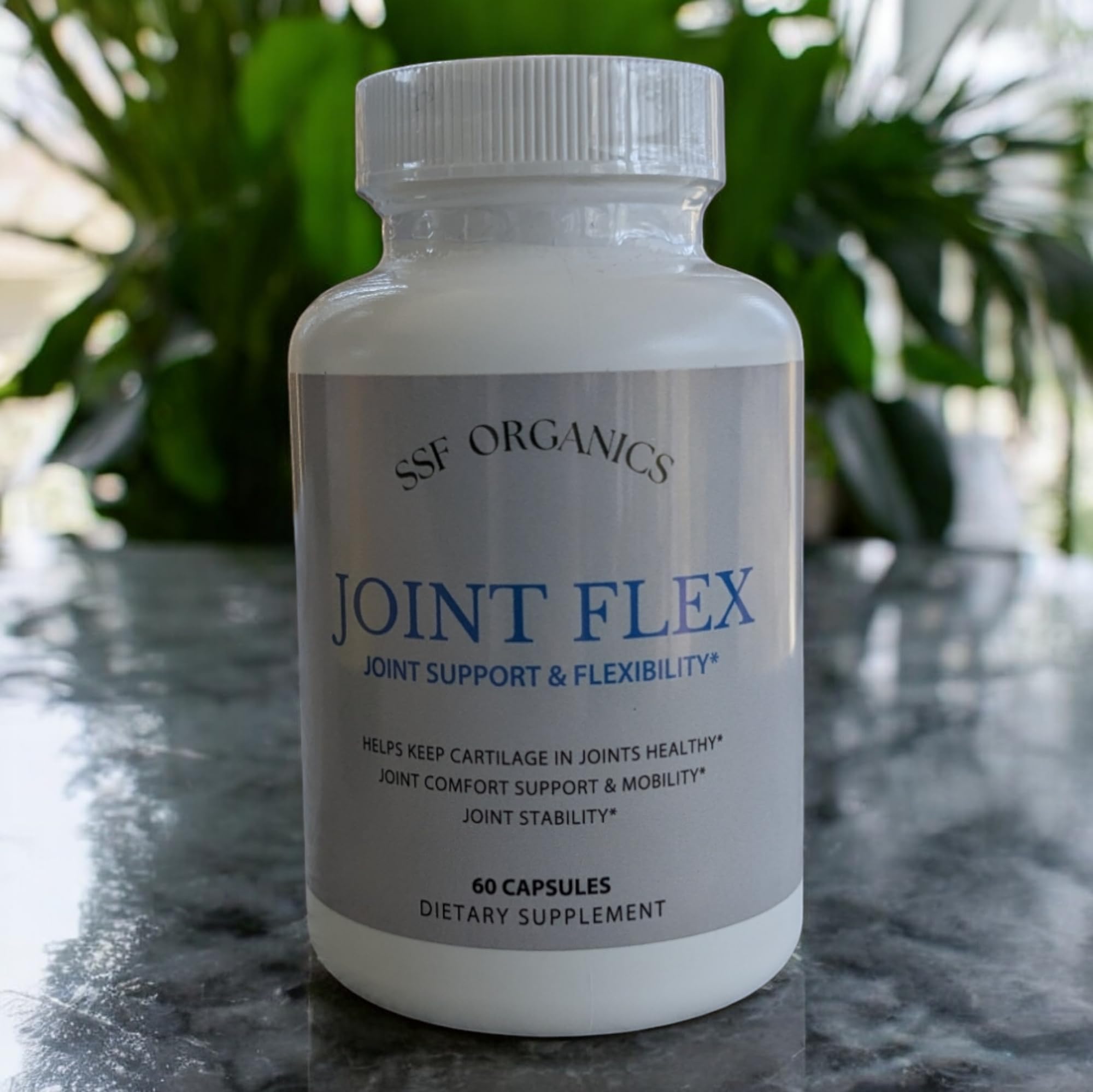 SSF Organics Joint Flex capsules shown with natural wellness vibe