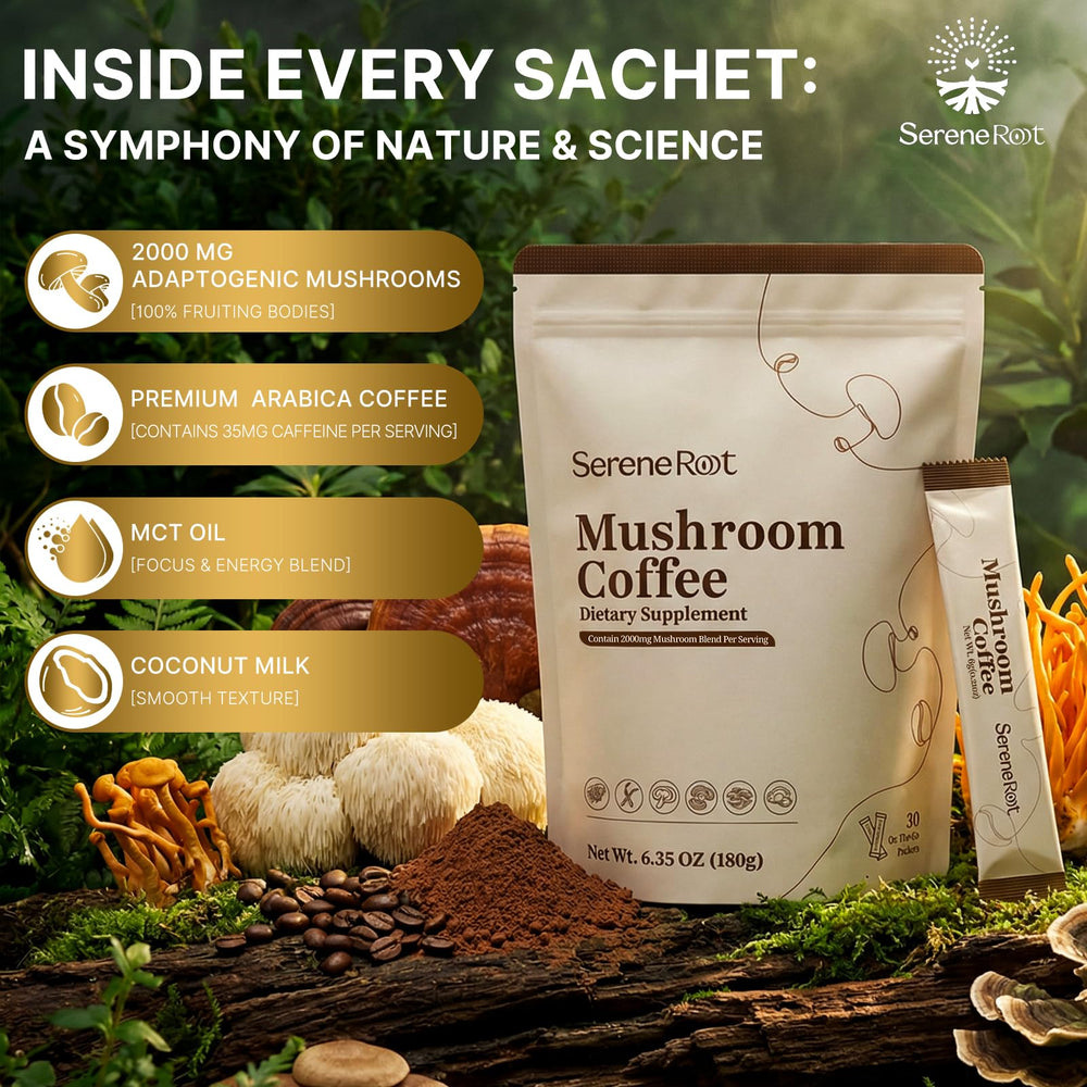 A steaming cup of SereneRoot mushroom coffee with creamy coconut aroma for steady focus.