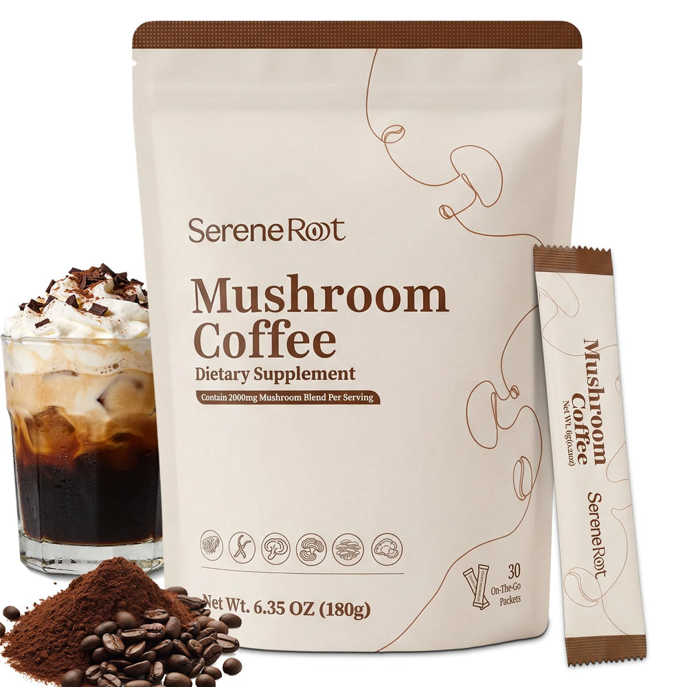 SereneRoot mushroom coffee packaging inviting a ready-to-use daily ritual.