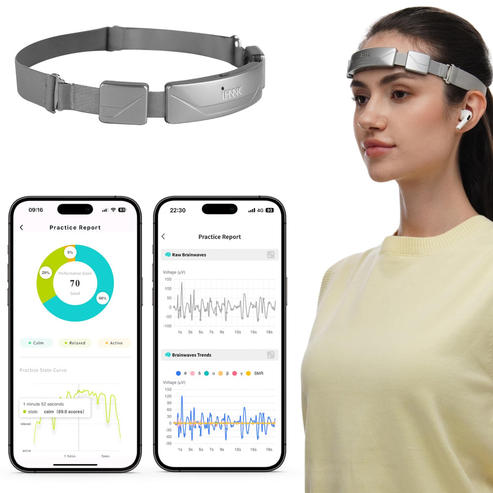 SereniBrain headband close-up showing multi-sensor layout for real-time brainwave feedback