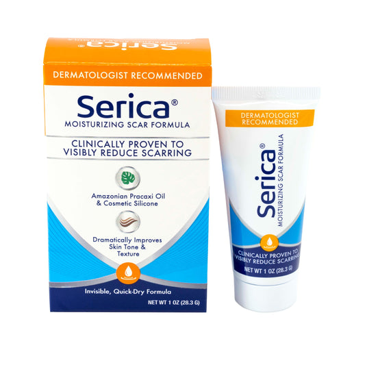 Serica Scar Gel bottle pour demonstrates quick-dry action for a smooth routine.
