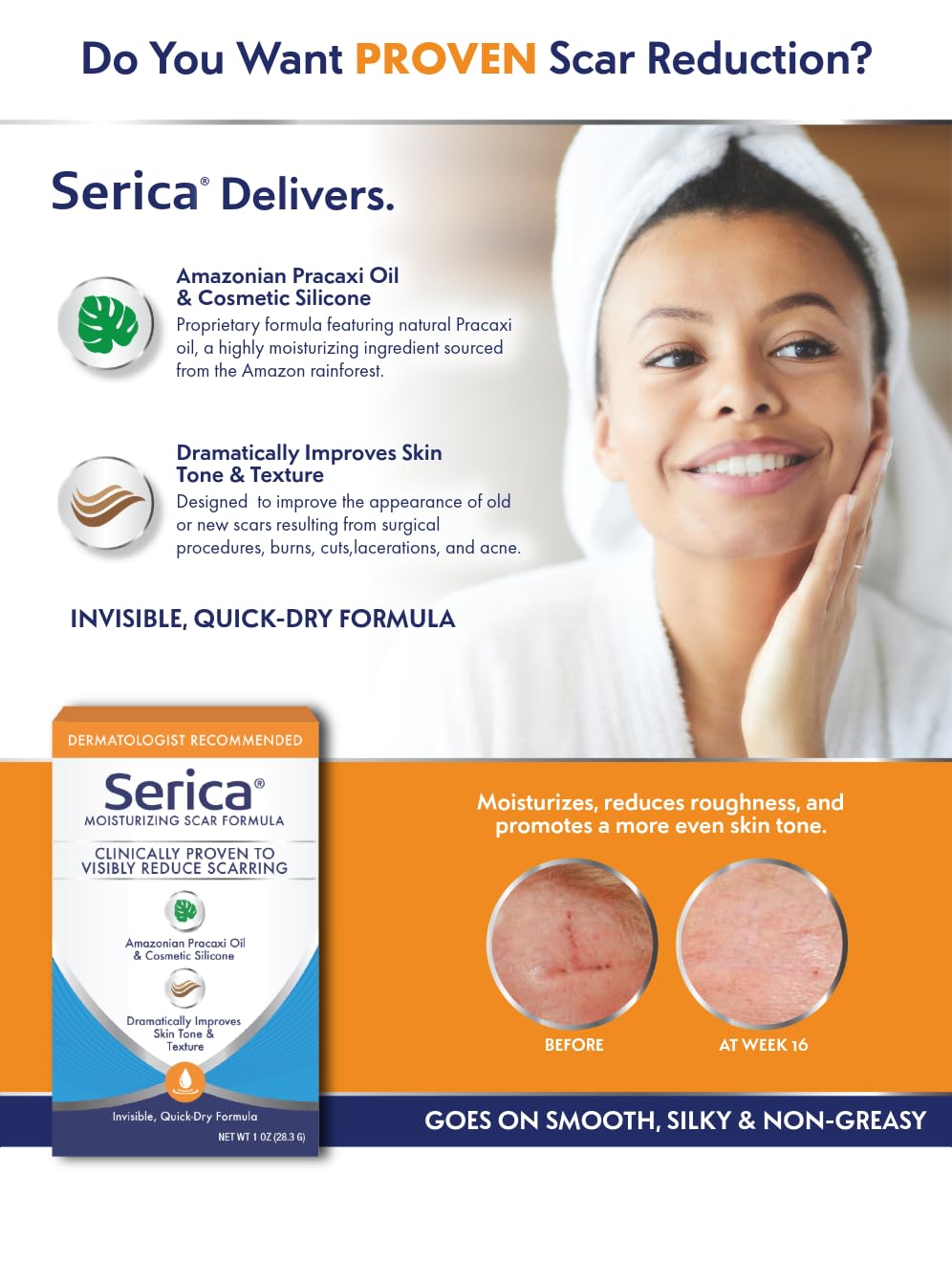 Serica Scar Gel silicone-glide enables smooth application across scar areas.