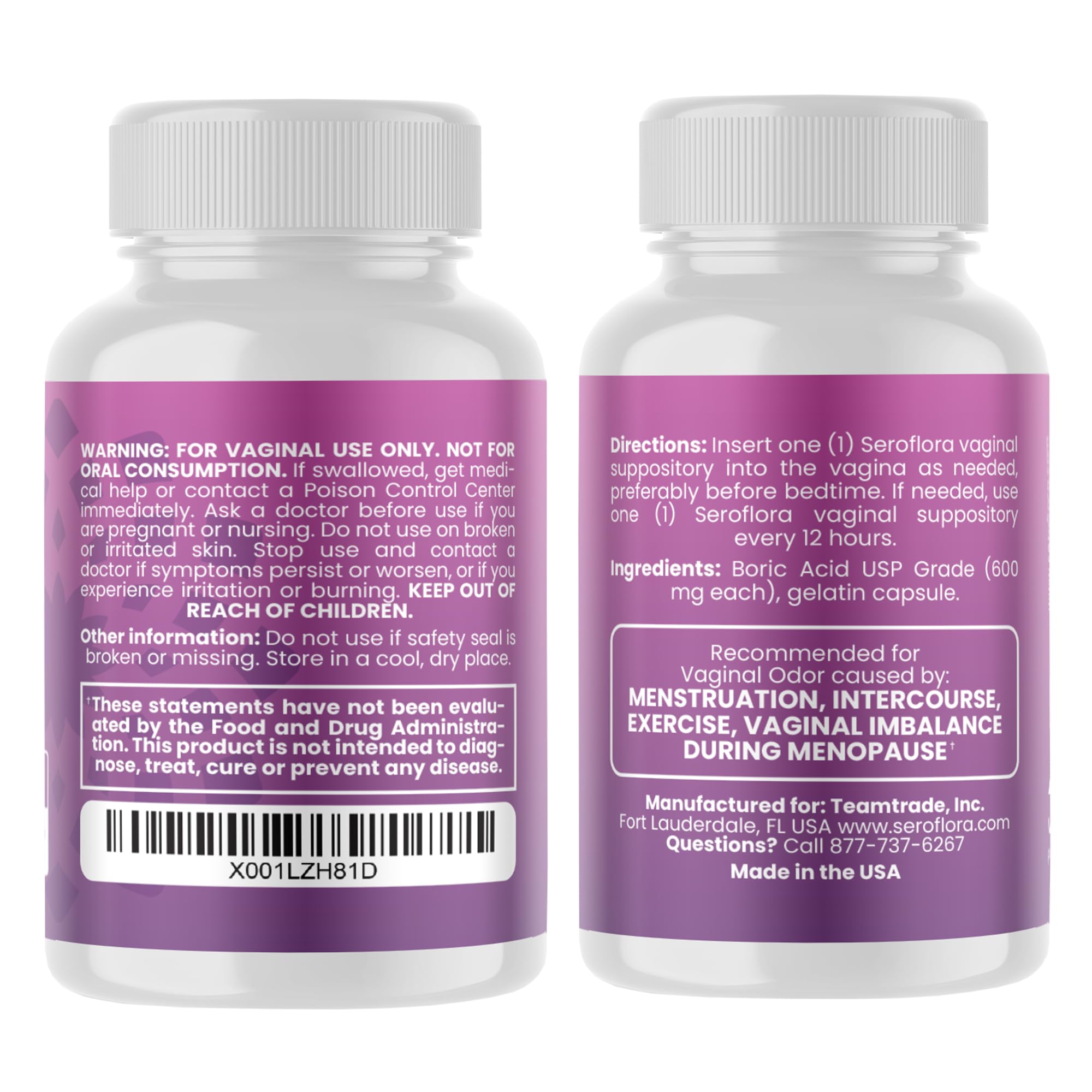 Seroflora boric acid capsules bottle closeup highlighting easy-dissolve 600 mg formula and dosage.