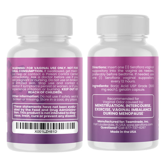 Seroflora boric acid capsules bottle closeup highlighting easy-dissolve 600 mg formula and dosage.