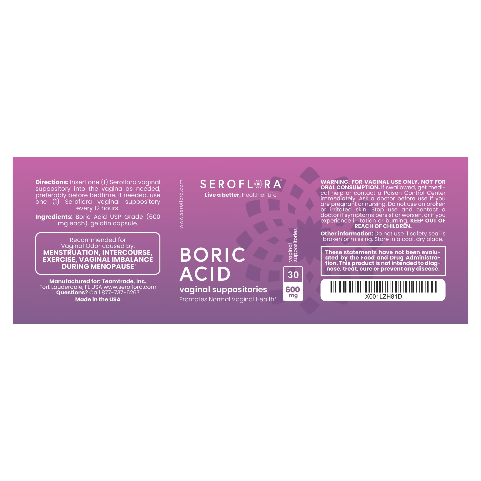 Seroflora boric acid capsules evoke a fresh, USA-made feminine care vibe.