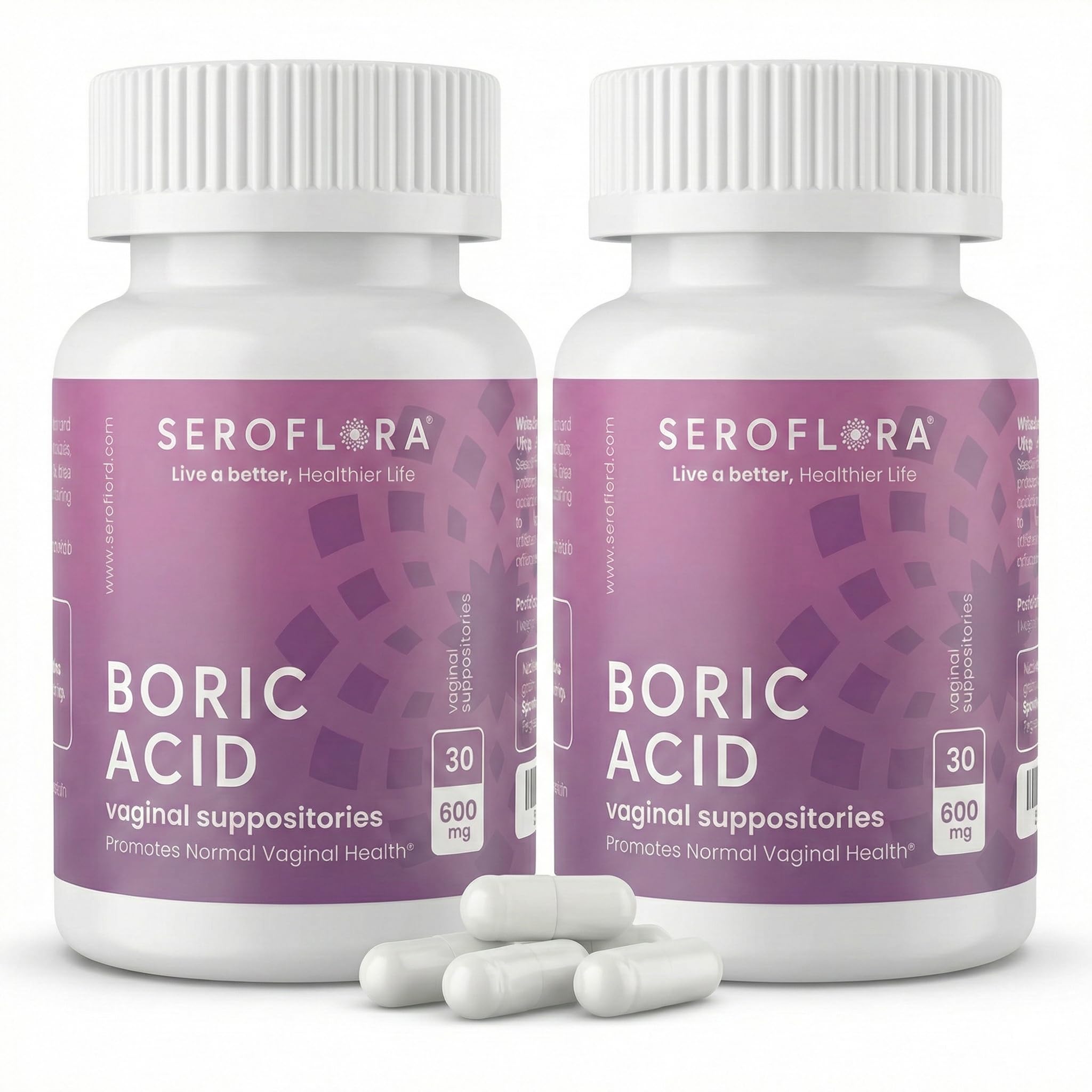 Seroflora boric acid vaginal suppositories 600mg 60-count box front for odor control and balance.