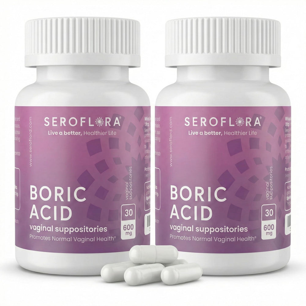 Seroflora boric acid vaginal suppositories 600mg 60-count box front for odor control and balance.