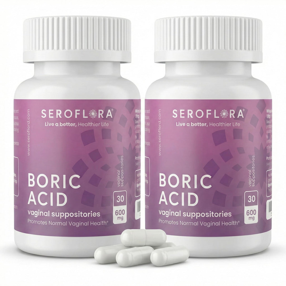 Seroflora boric acid vaginal suppositories 600mg 60-count box front for odor control and balance.