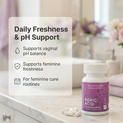 Seroflora boric acid vaginal suppositories bottle close-up highlights fragrance-free care.