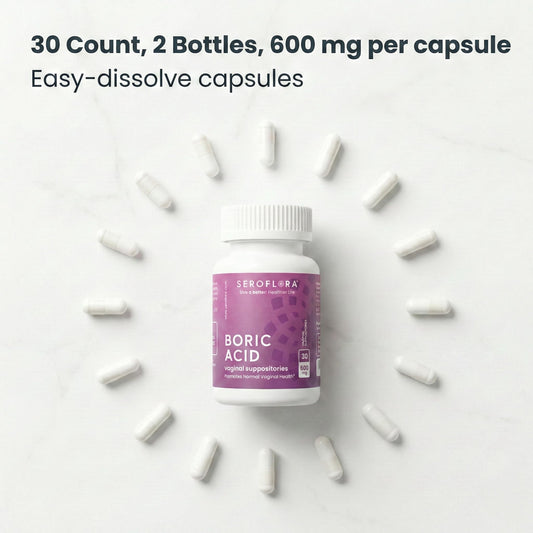 Seroflora boric acid vaginal suppositories box back shows USA-made formula.