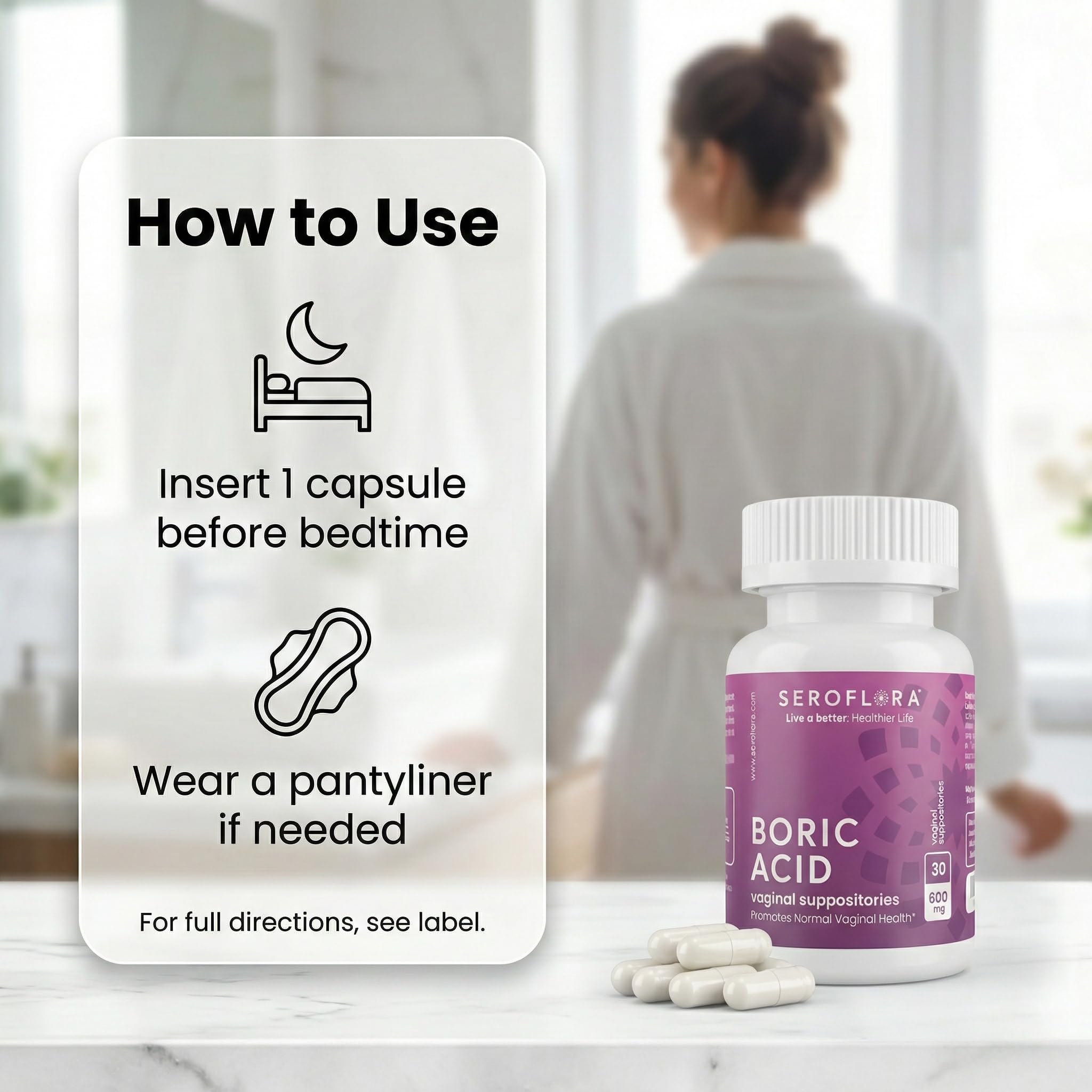Seroflora boric acid vaginal suppositories fragrance-free formula promotes comfortable daily use.