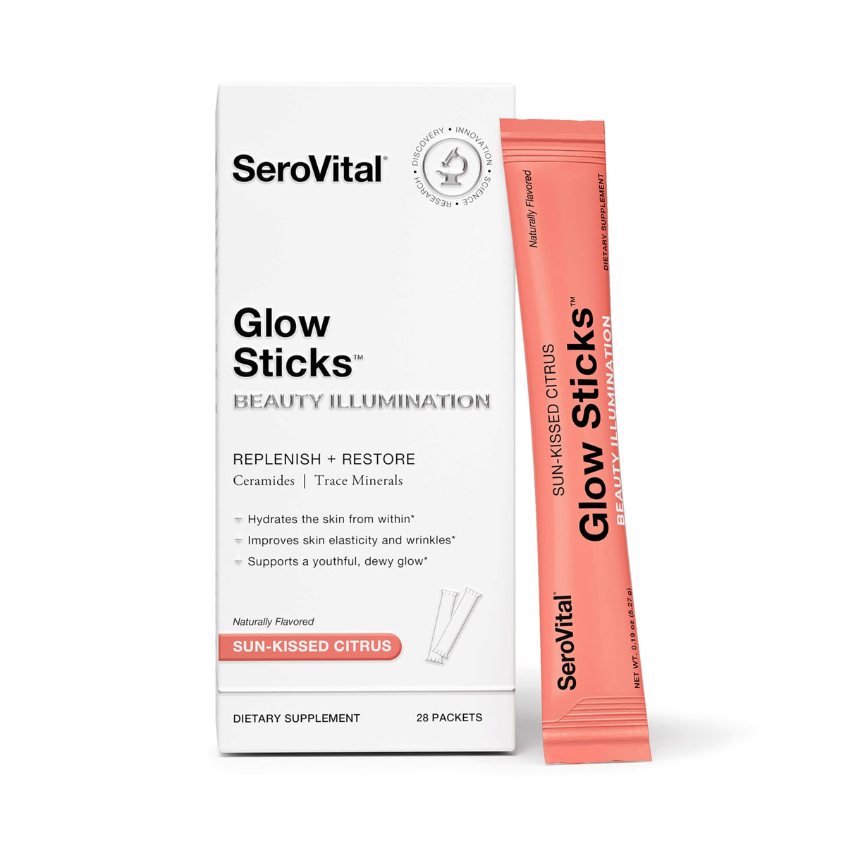 Serovital Glow Sticks bottle for daily skin hydration with sun-kissed citrus flavor