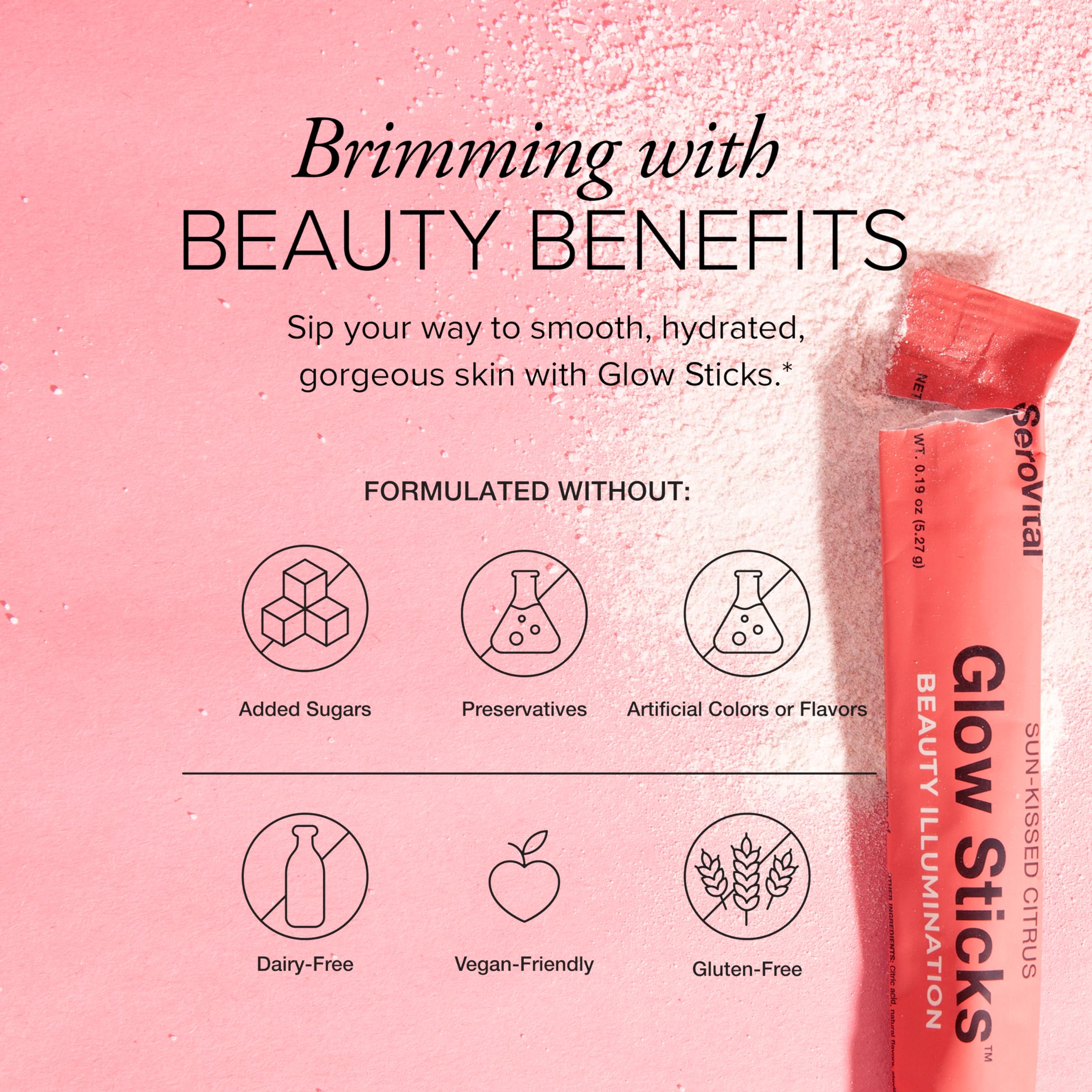 Nutrition panel on Serovital Glow Sticks highlights vegan dairy-free and gluten-free attributes