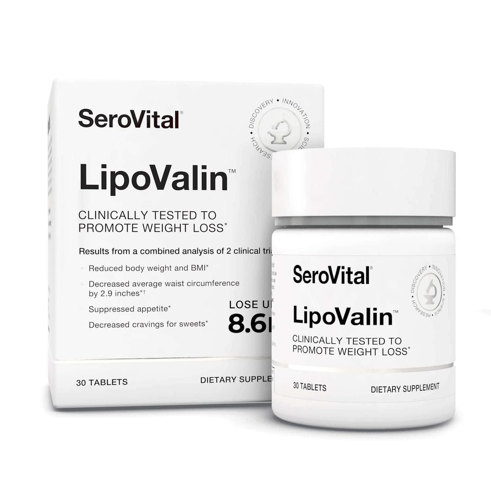 Serovital Lipovalin bottle on a clean surface, supporting appetite control for women.