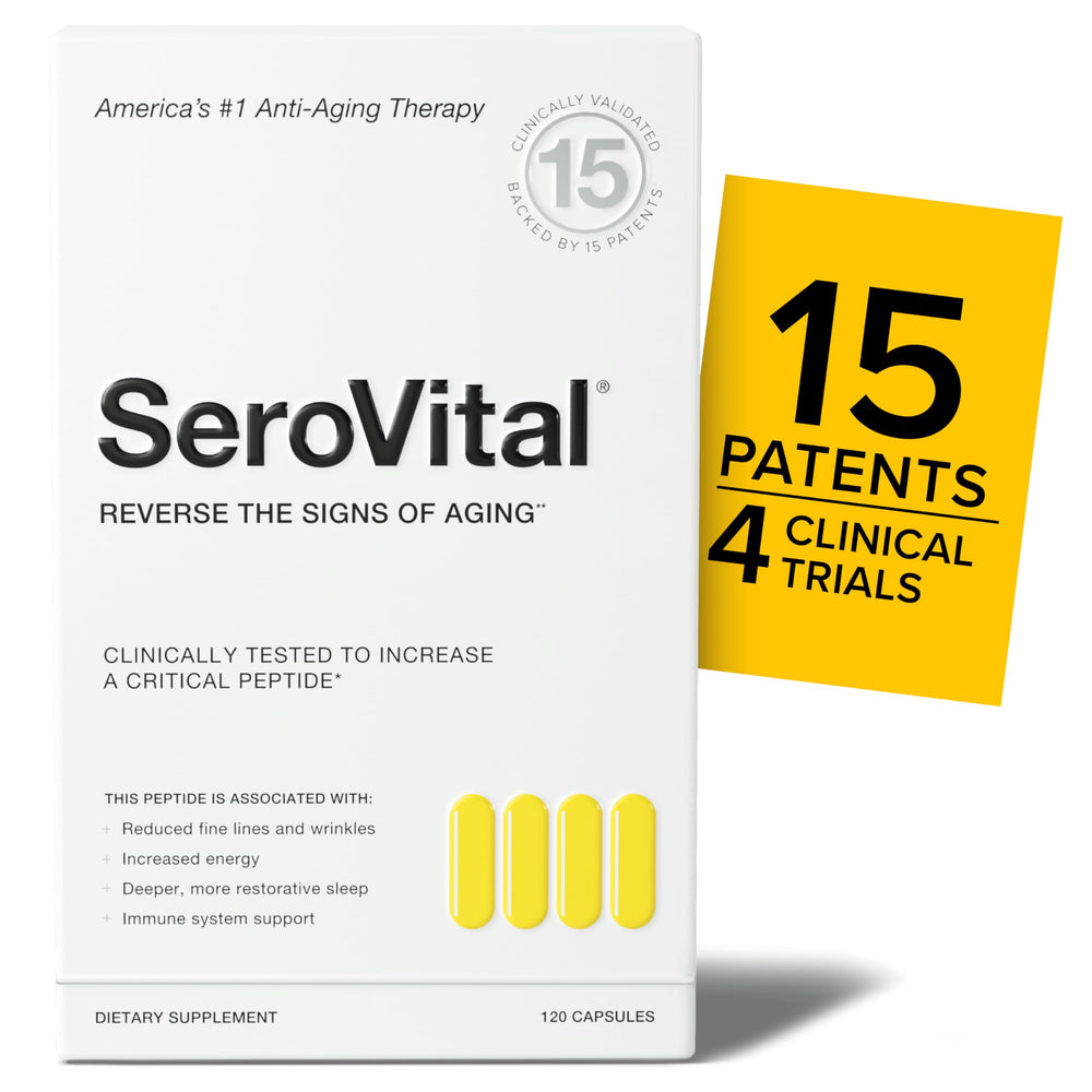 Serovital Renewal Complex bottle on a clean counter supporting daily vitality