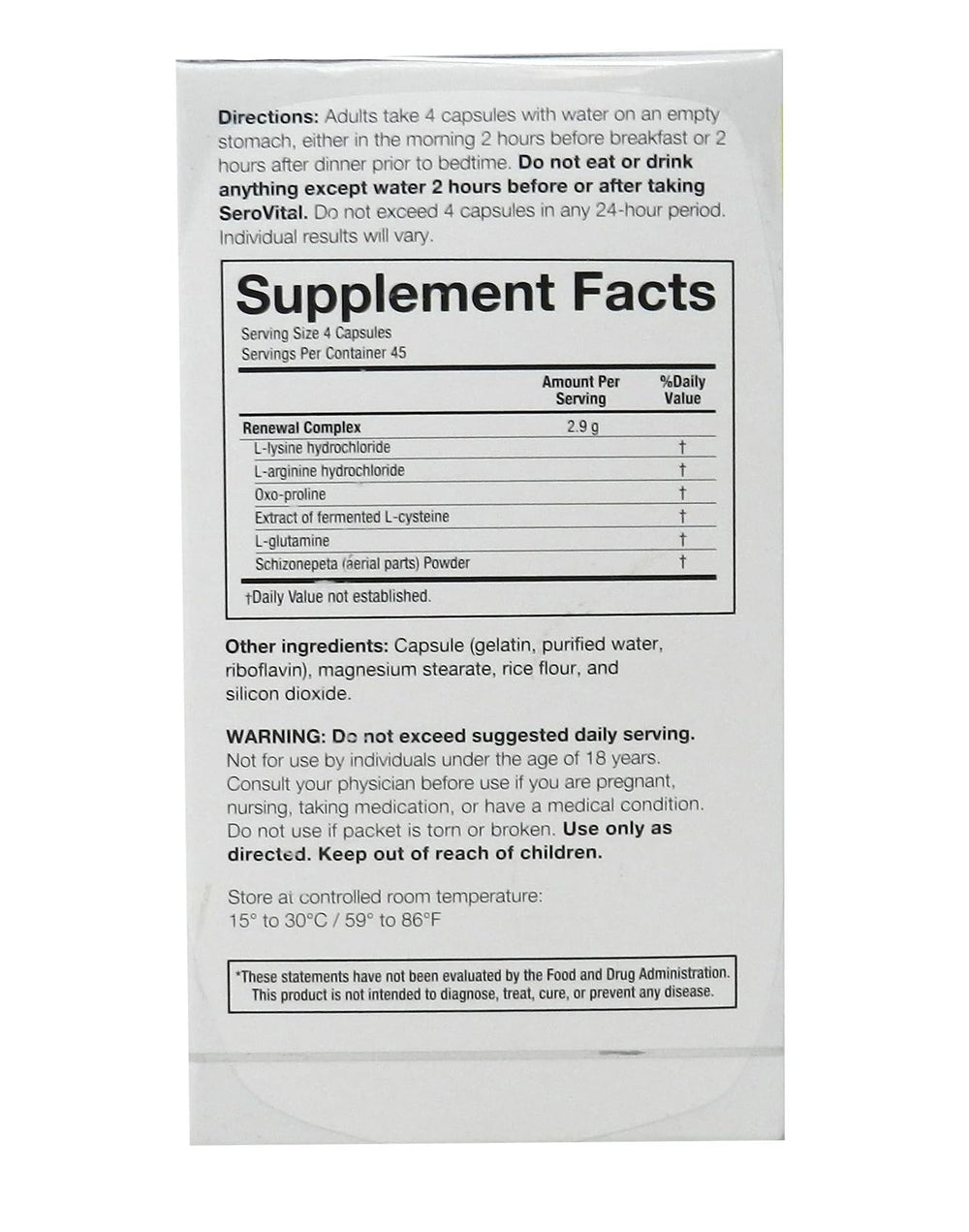 Serovital Renewal Complex label details highlight ingredients and dosage guidance.