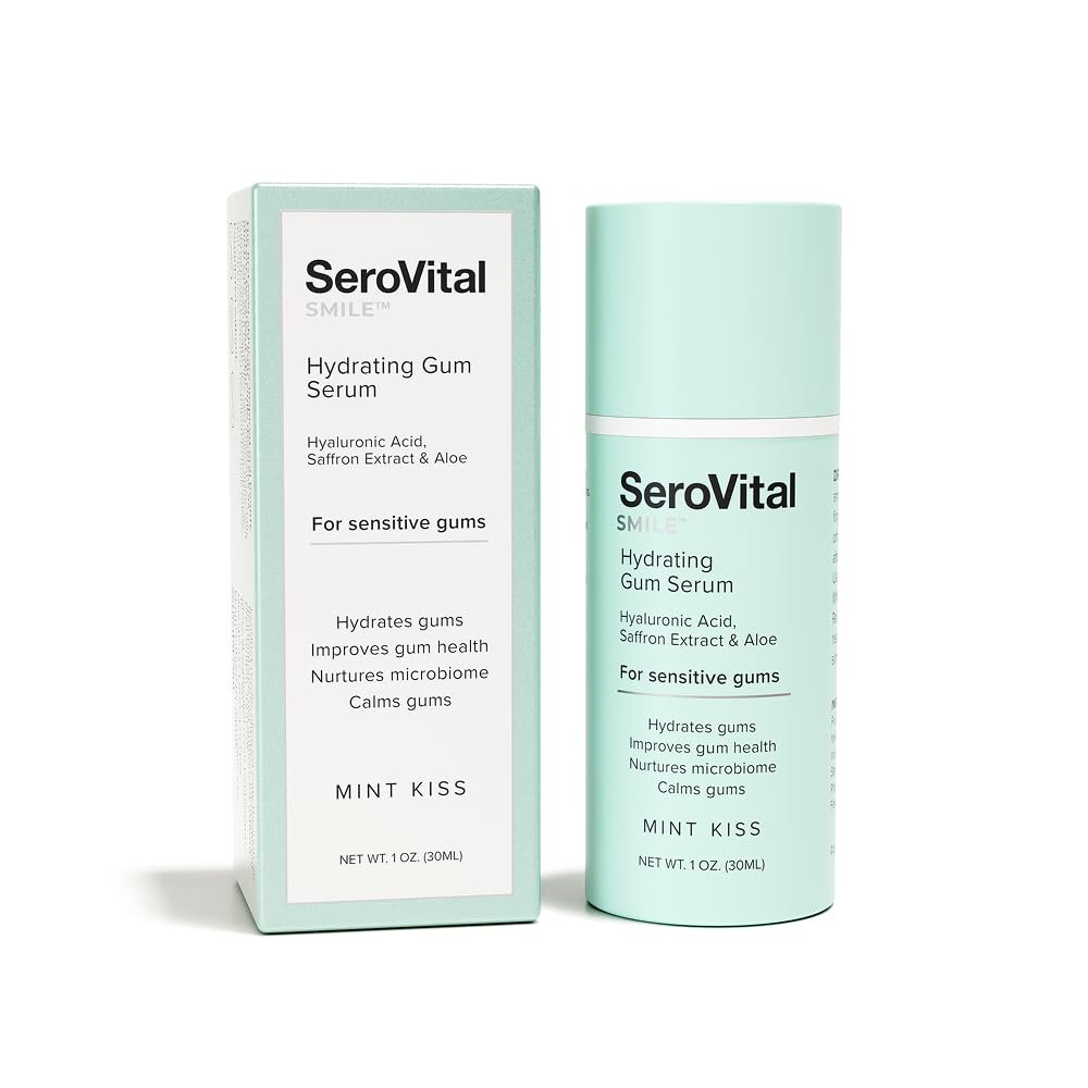 Serovital Smile Hydrating Gum Serum bottle illustrating soothing formula for sensitive gums.