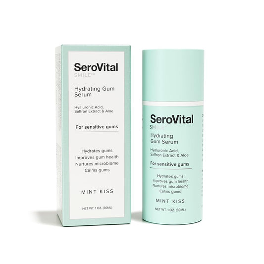 Serovital Smile Hydrating Gum Serum bottle illustrating soothing formula for sensitive gums.