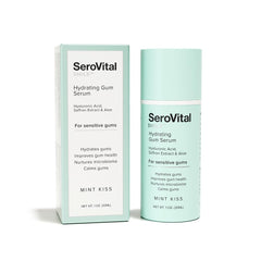 Serovital Smile Hydrating Gum Serum bottle illustrating soothing formula for sensitive gums.