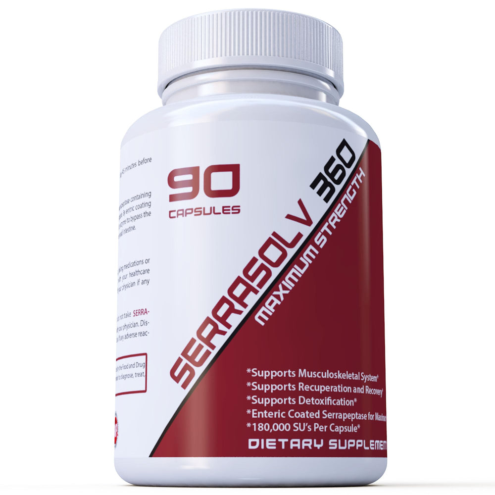 Serrasolv 360 90-capsule bottle featuring enteric-coated serrapeptase capsules for potential respiratory support.