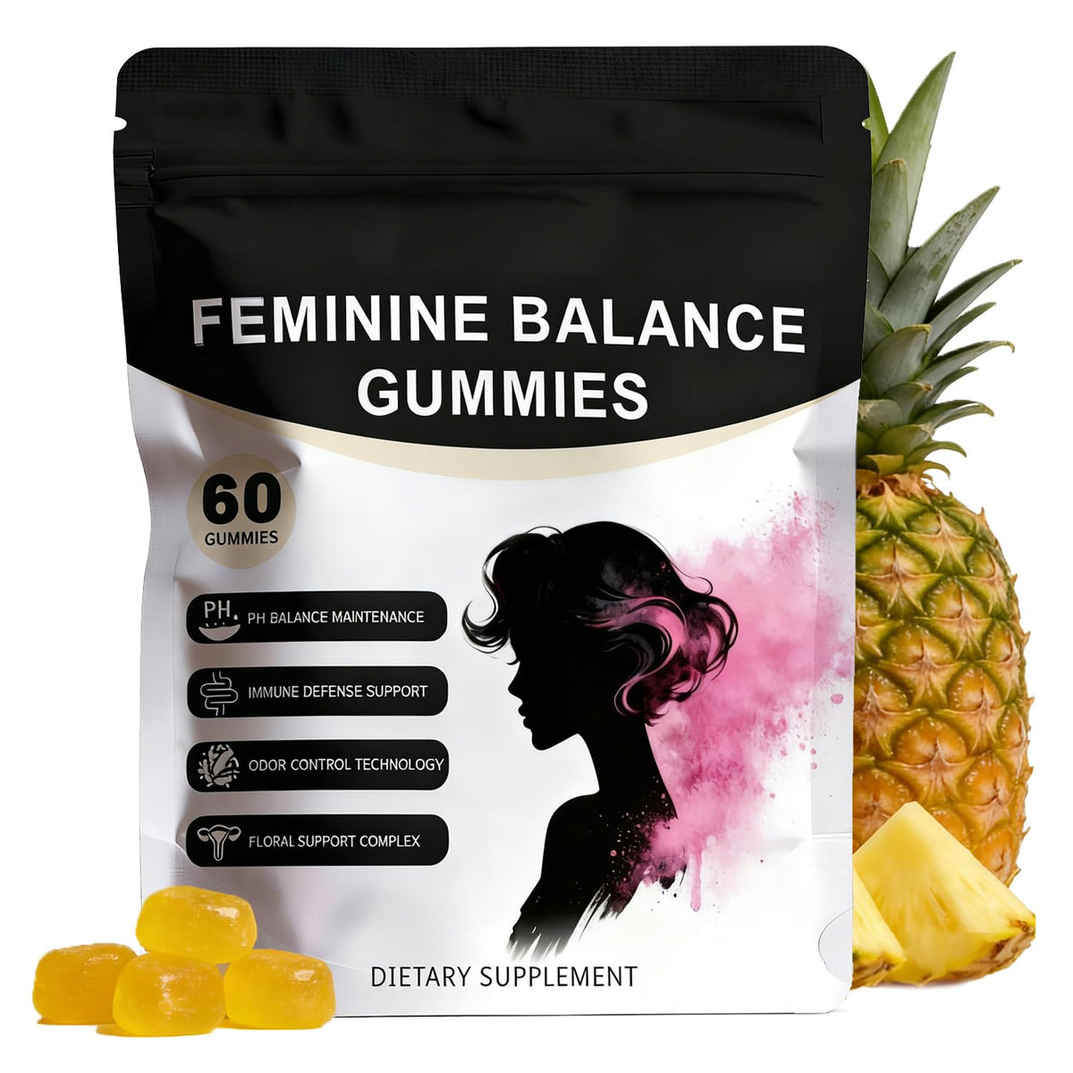 SERSANVE Feminine Balance bottle front for easy daily supplementation and pineapple flavor.