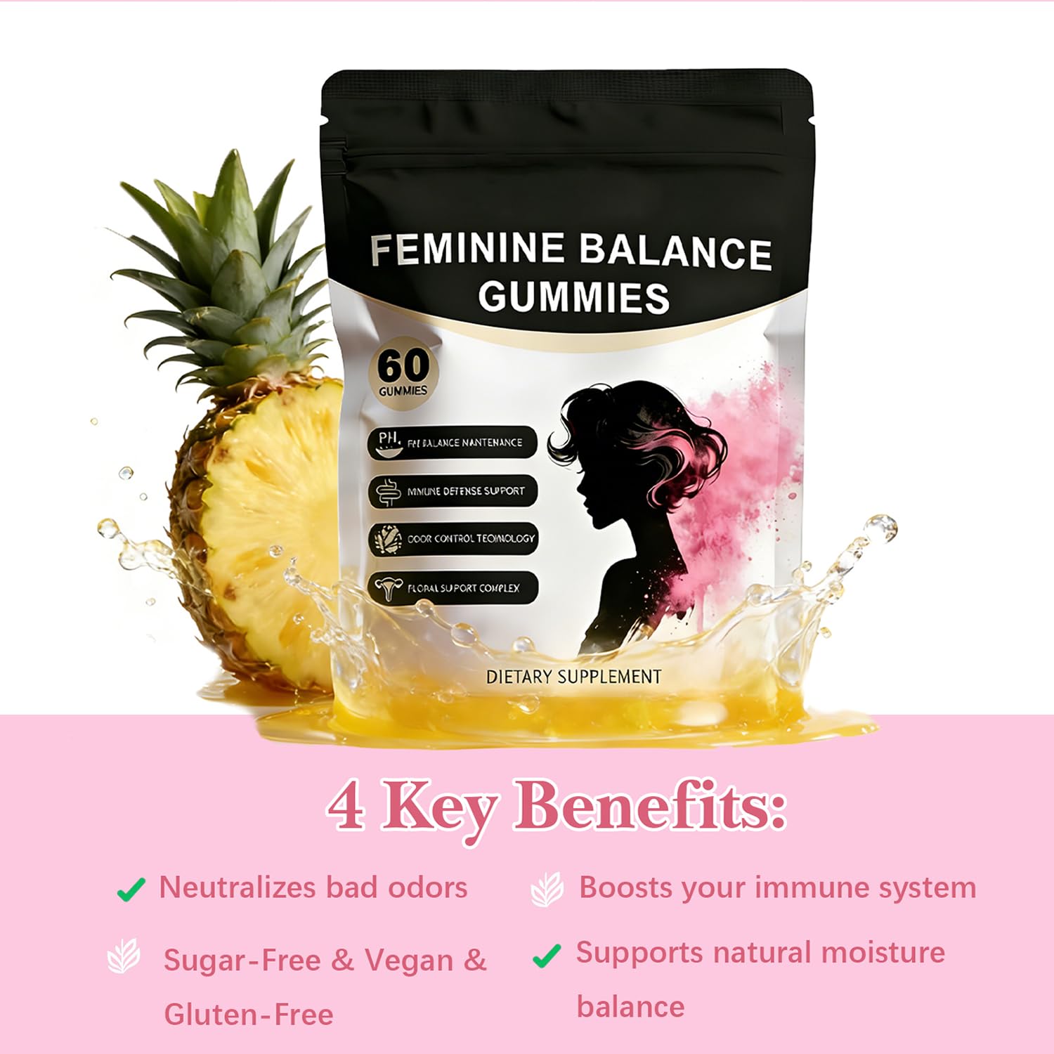 SERSANVE Feminine Balance gummies close-up pineapple flavor for daily wellness.