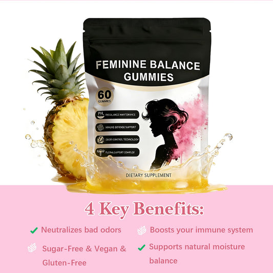 SERSANVE Feminine Balance gummies close-up pineapple flavor for daily wellness.